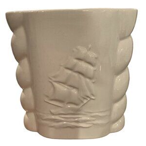 Vintage Abingdon Pottery Vase Beige 7" PLANTER Sailing SHIP Nautical Design